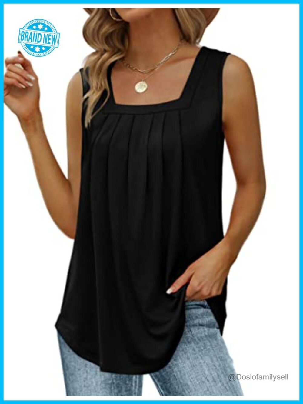 Women's Loose Fit Pleated Square Neck Sleeveless Tank Top Curved Hem Flowy